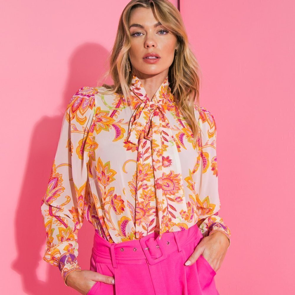 Women's Pink and White Paisley Long Bell Sleeve High Neck Ascot Blouse